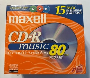 NEW MAXELL CD-R 80 MIN MUSIC DISCS 3 ASSORTED COLORS 15-PACK IN SLIM JEWEL CASES - Picture 1 of 2