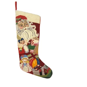 Vintage Needlepoint Christmas Stocking Santa With Toys Handmade 19" - Picture 1 of 16