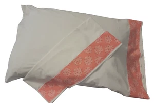 Custom Pillow Cases  19 X 30 Stan/queen.  White With coral Trim & Snowflakes - Picture 1 of 5