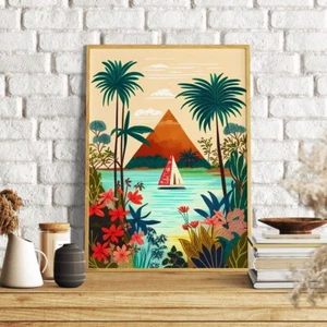 Egypt Pyramid a Boat in Nile River Paint Poster Premium Quality Choose your Size - Picture 1 of 4