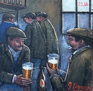 James Downie original oil on canvas “Pub Chat“ Northern Art 30x30cm - Picture 1 of 14