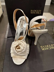 Badgley Mischka Lanah White Wedding Heels rosette Slingback Bridal Sandal Rose A - Picture 1 of 24