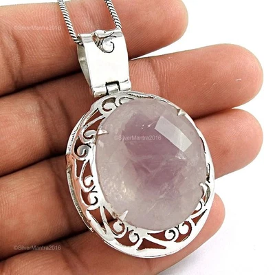 Quarzo Rosa Pietra Vero 925 Argento Sterling Lunetta Regalo di Natale Pendente - Immagine 1 di 4