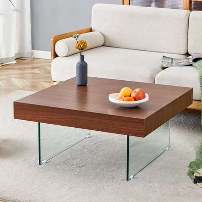 Walnut MDF Coffee Table 31x31" - Tempered Glass Legs - Square Modern Design - Image 1 of 4