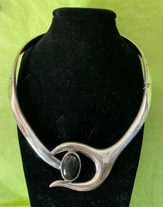 Vintage Modernist Black Onyx Solid Sterling Silver 16" Choker Necklace~123 Grams - Picture 1 of 7
