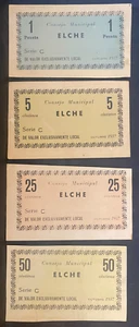 SPAGNA, 1937, 1/5/25/50 cent., ELCHE, lotto di 4, biglietto/cartamoneta, circolato, - Foto 1 di 6