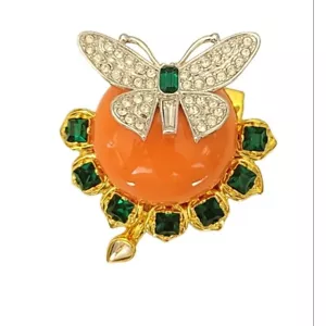 Kenneth Jay Lane Faux Coral Rhinestone Duchess of Windsor Butterfly Brooch, K363 - Picture 1 of 7