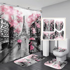 4Pcs Paris Eiffel Tower Pink Shower Curtain Sets Bathroom Set Decor With Non-Sli