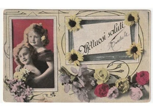 1912 antica cartolina cornice foto bambine fiori colorati biglietto saluti - Photo 1 sur 2