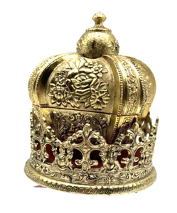VTG Brass TAJ Crown Musical Jewelry Trinket Music Box Red Velvet Lining Works VG - Picture 1 of 11
