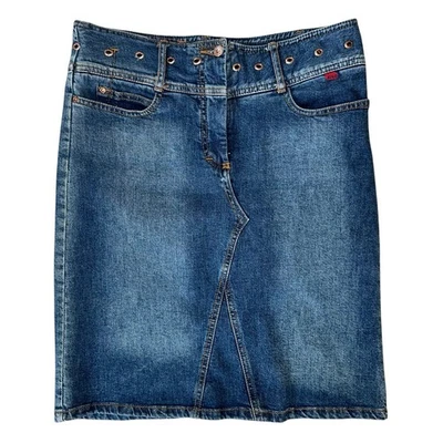 Vintage Y2K BCBG Faded Medium Wash Denim Bronze Grommet Trim Skirt Size 6 - Image 1 of 4