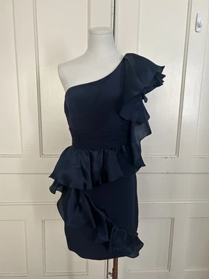 Marchesa Notte Silk Ruffled One Shoulder Cocktail Dress Womens Size 0 Navy Blue - Image 1 of 4
