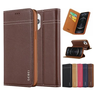 Luxury Genuine Leather Wallet Case Magnet Flip Cover For iPhone 12 13 14 Pro Max - Image 1 of 4