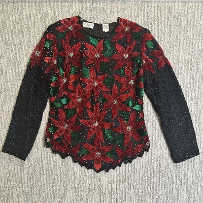 Scala винтажный 100% шелк блестки бисером пуансеттия рождественский праздник длинным рукавом S - Изображение 1 из 4