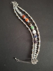 Handmade Chakra 3 Strand Bracelet With Glass Beads And Tibetan Silver Spacers - Picture 1 of 10