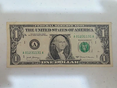 AMERICAN ONE DOLLAR BILL NOTE  serial number  A01231131A  2017 - Image 1 of 4