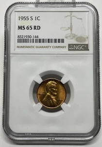 1955 S Lincoln Wheat Cent / Penny 1c BU NGC MS65 RD - Picture 1 of 5