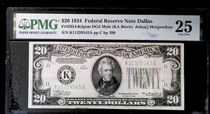 1934 $20 Federal Reserve Note Dallas -DGS -Julian/Morgenthau -PMG 25 - Picture 1 of 2