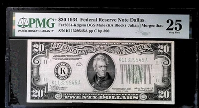 1934 $20 Federal Reserve Note Dallas -DGS -Julian/Morgenthau -PMG 25 - Image 1 of 2