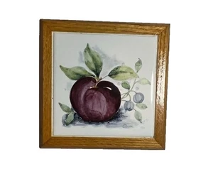 Botanical Art Tile Plum w/Leaves Wood Frame Painted Kitchen Trivet Cottagecore - Picture 1 of 2