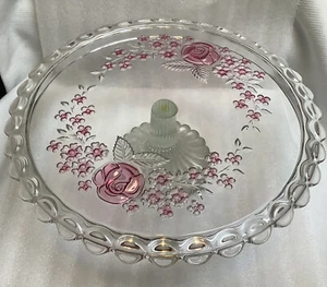 Vintage Standfuß Kuchenplatte Klarglas mit roten Rosen geraffter Rand 10" - Bild 1 von 8