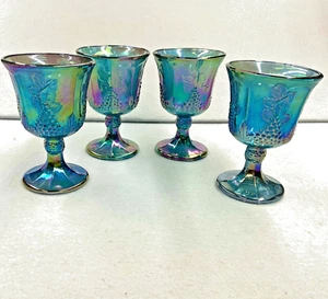 Carnival Glass Grape Harvest Iridescent Blue Glass Goblets Set of 4 Indiana A - Picture 1 of 3
