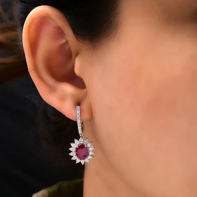 3.76 Tcw Natural SI/H Diamond Ruby Gemstone Hoop Earrings 14k White Solid Gold - Image 1 of 4