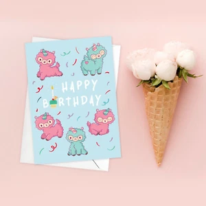 Tarjeta de felicitación de feliz cumpleaños anime japonés alpaca llama unicornio kawaii linda A50 - Imagen 1 de 3