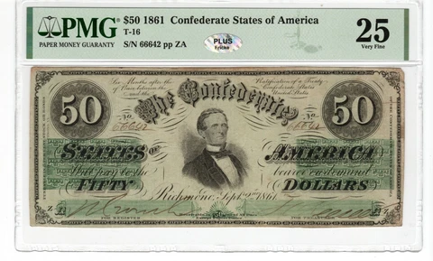 T-16 PF-12 $50 1861 Confederate Paper Money - PMG Very Fine 25 - PLUS! Cover