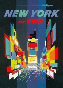 EAMES ERA MID CENTURY 1956 TWA AIRLINE FLIGHTS TO NEW YORK A3 POSTER RE PRINT - Picture 1 of 1