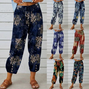 Women Floral Pockets Casual Boho Pants Ladies Cotton Linen Harem Elastic Trouser - Picture 1 of 17