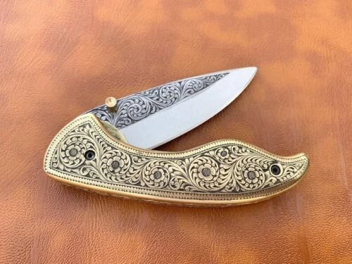 Engraved Folding Knife - Prestigious Handmade Engraved Pocket Knife - D2 Steel - Image 1 of 4