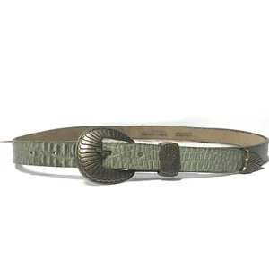 Green Belt Women Small Skinny Leather VTG Croc Print Metal Tip Gold Buckle - Picture 1 of 11