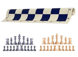 Silver & Natural Chess Pieces 20" Navy Vinyl Board - Single Weight Chess Set - Picture 1 of 4