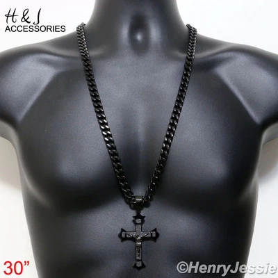 30" HOMBRE Acero Inoxidable 9mm Chapado en Negro Cadena Bordillo Cubano Colgante Cruz JESÚS*P28 Foto 1 de 4