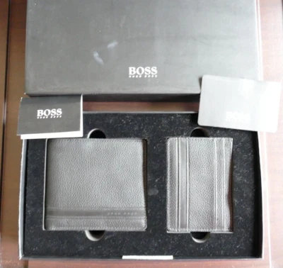 New Hugo Boss mens designer black suit leather credit card wallet gift set £169 - Image 1 of 4