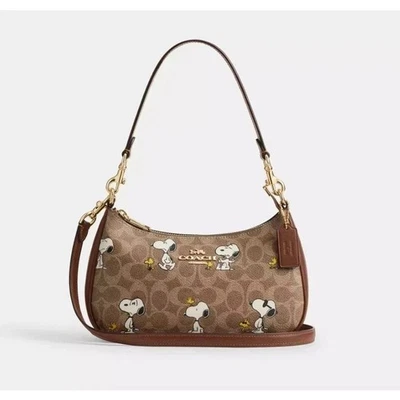 COACH x PEANUTS Teri Shoulder Bag Tan Brown Snoopy Print Signature Canvas CBJ88 - Image 1 of 4