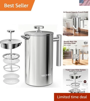 Elegante prensa francesa de acero inoxidable de 34 oz, apta para lavavajillas y mango cómodo Foto 1 de 4