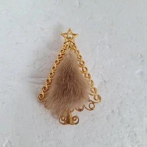 RARE Vintage Signed TANCER II Mink Fur Christmas Tree Brooch Pin Gold Tone - Picture 1 of 5
