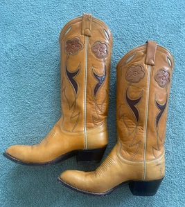 Ralph Lauren Western Women's 5 1/2 C Tan Leather Cowboy Boots with Inlay w/ box - Picture 1 of 9