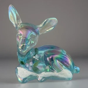 Fenton Deer Iridescent Blue Aqua Berries White Snow Hand Painted Signed - Picture 1 of 10