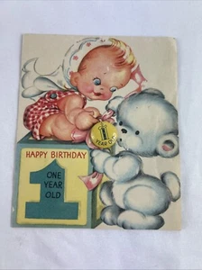 Vintage Forget Me Not Greeting Card One Year Birthday Girl Bear Button Pin - Picture 1 of 6