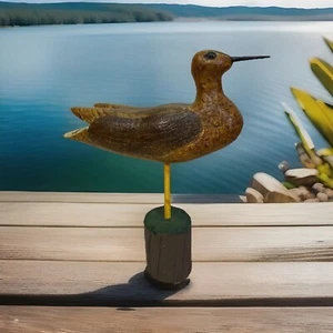 Vtg Hand Carved Wood Shore Bird Sculpture Painted Decoy Folk Art Rustic - Picture 1 of 13