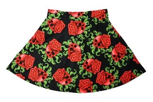 Damen Zauberhafte Totenköpfe rote Rosen Gothic Print Skater Rock Größe 8-22 Goth Punk - Bild 1 von 4