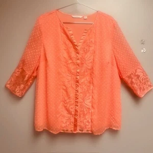 Isaac Mizrahi Salmon Embroidered Damask Dot 3/4 Sleeve Women's Blouse - Size 2X - Picture 1 of 14