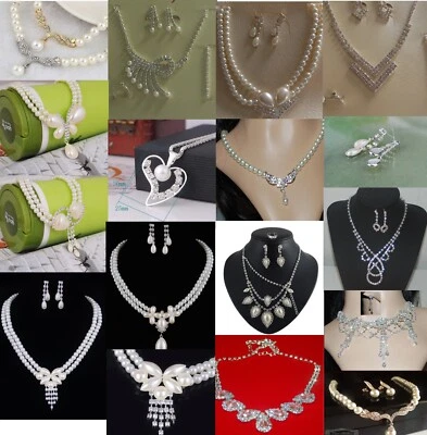 Kettenset mit Ohrringen Perlen Strass Metall silber Brautschmuck Halskette Ohr - Bild 1 von 4