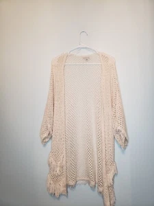 American Eagle Outfitters Womens XS / S Kimono Half Sleeve Crochet Beige Fringe - Picture 1 of 6