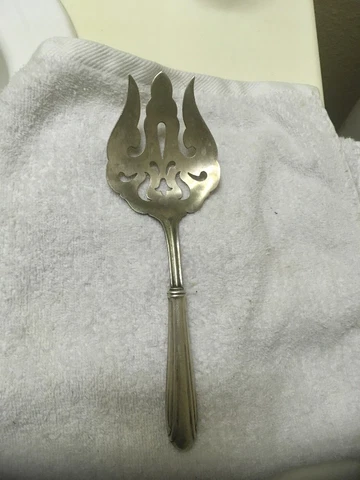 Antique Serving Fork Cut out with Sterling Handle, 8" pierced meat or salad Cover