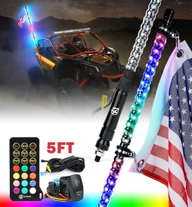 5ft RGB Lighted Spiral LED Whip Antenna w/Flag & Remote for Polaris RZR X3 4X4 - Picture 1 of 7