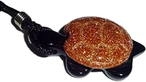 Tortue avec coquillage pierre dorée rouge / corps obsidienne noire - collier pierre précieuse cristal - Photo 1 sur 3